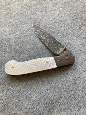 Vintage RB JOHNSON Clearwater Minnesota Damascus CHECKERED Pearl Handled Custom Linerlock Knife