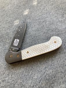 Vintage R.B. JOHNSON, Clearwater, Minnesota, Damascus CHECKERED Pearl Handled Custom Linerlock Knife