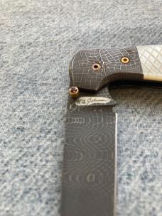 Vintage R.B. JOHNSON, Clearwater, Minnesota, Damascus CHECKERED Pearl Handled Custom Linerlock Knife