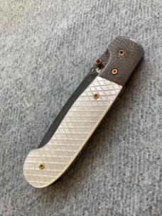 Vintage R.B. JOHNSON, Clearwater, Minnesota, Damascus CHECKERED Pearl Handled Custom Linerlock Knife