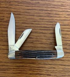 VINTAGE '81-'90 QUEEN USA - BONE HANDLE - 3 BLADE STOCKMAN POCKET KNIFE