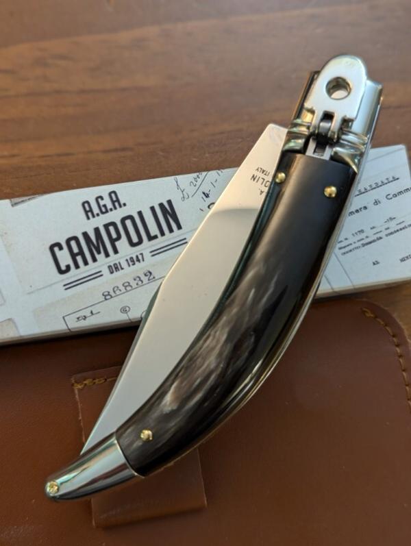 NIB AGA CAMPOLIN DIANA LEVERLOCK AUTO IN SMOKY BLACK BRAZILIAN HORN WITH BOX AND SHEATH 