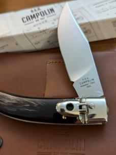 NIB AGA CAMPOLIN DIANA LEVERLOCK AUTO IN SMOKY BLACK BRAZILIAN HORN WITH BOX AND SHEATH 