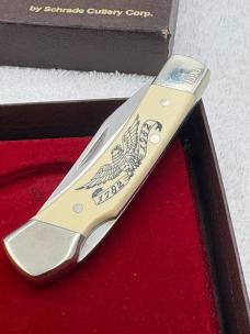 Vintage Schrade + 1782-1982 Bald Eagle Commemorative Scrimshaw Smokey LB5 Lockback 