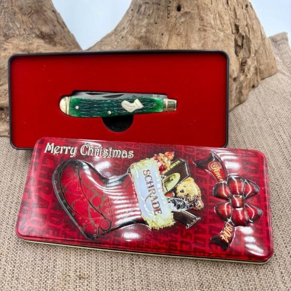 SCHRADE MERRY CHRISTMAS KNIFE COLLECTORS TIN 94GPBC BONE TRAPPER NEW OLD STOCK 