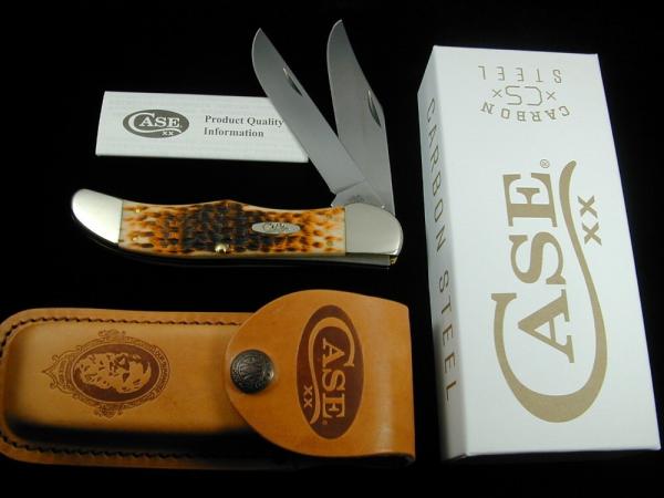 Case xx Amber Jigged Bone Folding Hunter Knife and Leather Sheath 30093 Made in USA NIB 6265CS 2025 