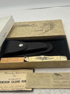 Schrade Scrimshaw 2 Blade Hunter 206SC Eagle / Whale Hunter Scene Limited Edition Vintage