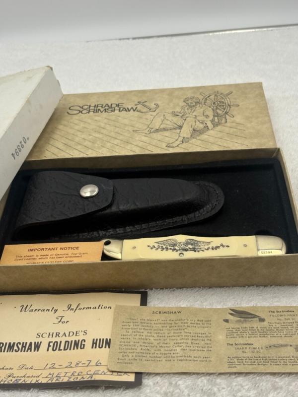 Schrade Scrimshaw 2 Blade Hunter 206SC Eagle / Whale Hunter Scene Limited Edition Vintage