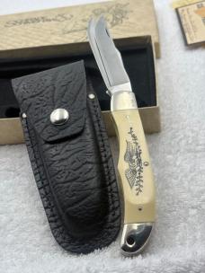 Schrade Scrimshaw 2 Blade Hunter 206SC Eagle / Whale Hunter Scene Limited Edition Vintage