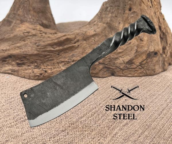 Railroad Spike Cleaver Knife 9" Carbon Steel Twisted Handle w/ Leather Sheath