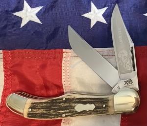 Bulldog Brand 2 Blade Hunter w/ War Hawk Blade Etch w/ Great Slab Stag Handles -NOS