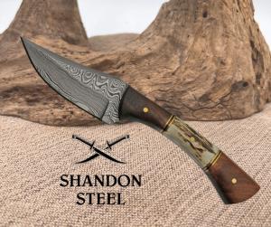 Damascus Skinner Stag BoneWood Fixed Blade Knife w Leather Belt Sheath 1269