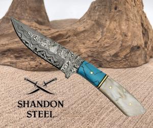 Damascus Hunter Fixed Knife 4quot Steel Full Tang Blade Turquoise Sculpted Handle