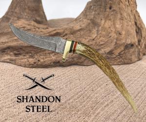 Damascus Skinner Fixed Knife 3.12" Damascus Steel Blade Stag Tip Handle 1028
