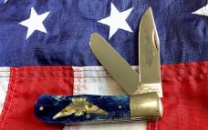 Vintage Parker Cutlery Bullet Knife w/ Sweet Blue Bone Handles & Eagle Abalone Pearl Insert -NOS