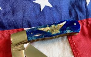 Vintage Parker Cutlery Bullet Knife w/ Sweet Blue Bone Handles & Eagle Abalone Pearl Insert -NOS