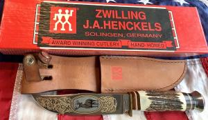 J A Henckels Fixed Blade Hunter Knife w/ Stag Handles & Gold Blade Etch of a Big ole Buck