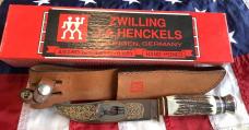J A Henckels Fixed Blade Hunter Knife w/ Stag Handles & Gold Blade Etch of a Big ole Buck