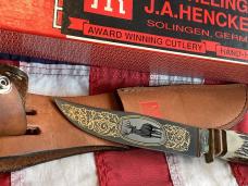 J A Henckels Fixed Blade Hunter Knife w/ Stag Handles & Gold Blade Etch of a Big ole Buck