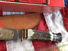J A Henckels Fixed Blade Hunter Knife w/ Stag Handles & Gold Blade Etch of a Big ole Buck