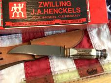 J A Henckels Fixed Blade Hunter Knife w/ Stag Handles & Gold Blade Etch of a Big ole Buck