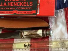 J A Henckels Fixed Blade Hunter Knife w/ Stag Handles & Gold Blade Etch of a Big ole Buck