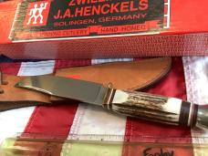 J A Henckels Fixed Blade Hunter Knife w/ Stag Handles & Gold Blade Etch of a Big ole Buck