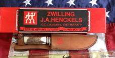 J A Henckels Fixed Blade Hunter Knife w/ Stag Handles & Gold Blade Etch of a Big ole Buck
