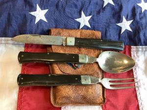 Old J A Henckles Mess Kit, Spoon, Fork & Knife + Orig Pouch. w/ Derlin Handles