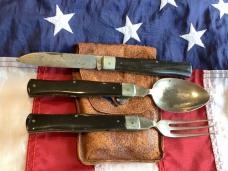 Old J A Henckles Mess Kit, Spoon, Fork & Knife + Orig Pouch. w/ Derlin Handles