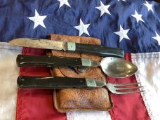 Old J A Henckles Mess Kit, Spoon, Fork & Knife + Orig Pouch. w/ Derlin Handles