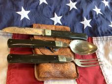Old J A Henckles Mess Kit, Spoon, Fork & Knife + Orig Pouch. w/ Derlin Handles