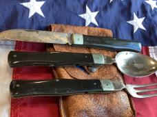 Old J A Henckles Mess Kit, Spoon, Fork & Knife + Orig Pouch. w/ Derlin Handles