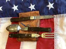 Old J A Henckles Mess Kit, Spoon, Fork & Knife + Orig Pouch. w/ Derlin Handles