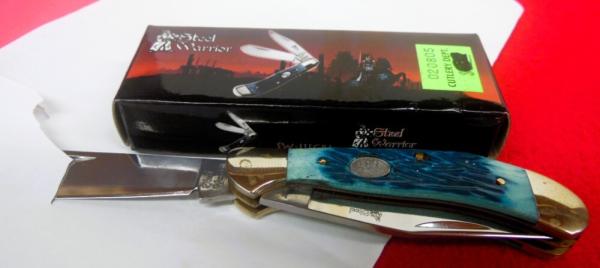 STEEL WARRIOR 3-3/8"BLUE BONE TRAPPER UNUSED FROM A FEW YEARS BACK IN BOX GOOD EDGE 