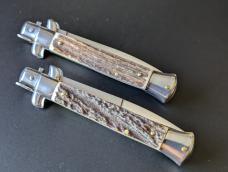 DUO OF FRANK BELTRAME 23CM 9" BAYONET & DAGGER AUTOMATIC STILETTO SET IN EURO STAG HORN...NEW 