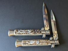 DUO OF FRANK BELTRAME 23CM 9" BAYONET & DAGGER AUTOMATIC STILETTO SET IN EURO STAG HORN...NEW 