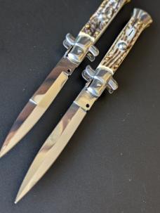 DUO OF FRANK BELTRAME 23CM 9" BAYONET & DAGGER AUTOMATIC STILETTO SET IN EURO STAG HORN...NEW 