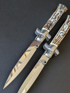 DUO OF FRANK BELTRAME 23CM 9" BAYONET & DAGGER AUTOMATIC STILETTO SET IN EURO STAG HORN...NEW 
