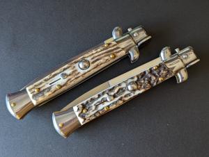 DUO OF FRANK BELTRAME 23CM 9" BAYONET & DAGGER AUTOMATIC STILETTO SET IN EURO STAG HORN...NEW