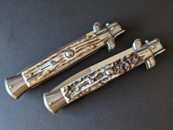 DUO OF FRANK BELTRAME 23CM 9" BAYONET & DAGGER AUTOMATIC STILETTO SET IN EURO STAG HORN...NEW 