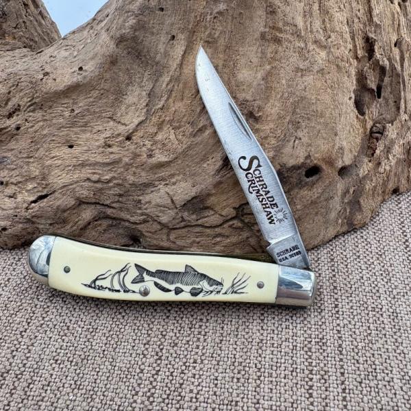 Schrade USA Vintage Scrimshaw SC503 Catfish Themed Folding Pocket Knife (242)