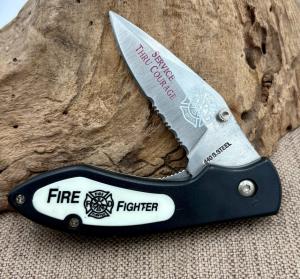 Fire Fighter Black Combo Folding Pocket Knife - quotService Thru Couragequot 247