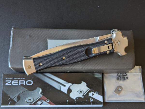 NIB AGA CAMPOLIN 9INCH-23CM ZERO IN BLACK G-10 SCALES W/BOHLER N690 SATIN DAGGER BLADE 