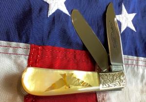 Vintage Parker Cutlery Bullet Knife w Flashy Gold Lip Pearl Handles amp Eagle Abalone Pearl Insert