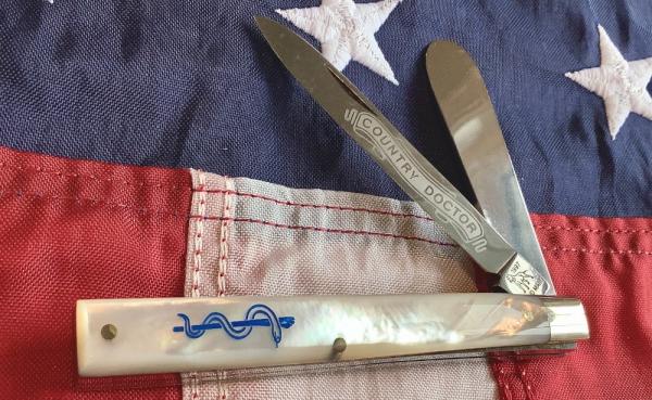 Rare 1997 Bulldog Brand HAND MADE 2 Blade Doctor Knife w/ Mother of Pearl Handles +Blue Snake Etch