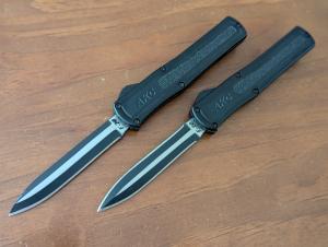 AKC MADE IN MANIAGO ITALY BLACK F-20'S TWO TONE OTF SET, 1 DAGGER, 1 BAYONET