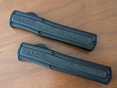 AKC MADE IN MANIAGO ITALY BLACK F-20'S TWO TONE OTF SET, 1 DAGGER, 1 BAYONET  