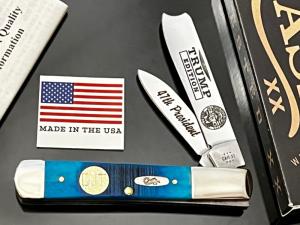 Case XX USA PRESIDENT TRUMP BLUE SAWCUT BONE DISCONTINUED 1 ARM RAZORDEEP ETCHED 24-K SHIELD NEW