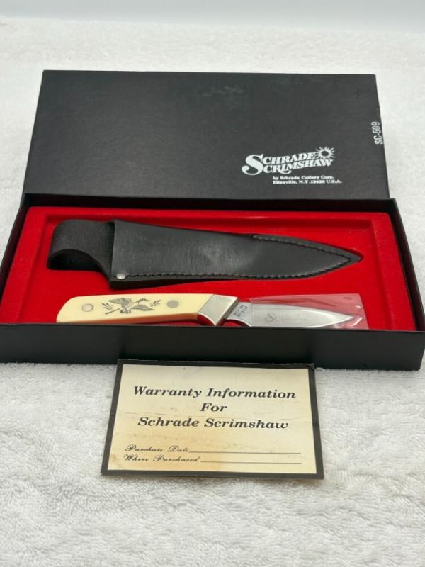 Schrade Scrimshaw Vintage SC509 Fixed Blade Sheath Knife Made In USA New In Box Schrade Scrimshaw Vintage SC509 Fixed Blade Sheath Knife Made In USA New In Box